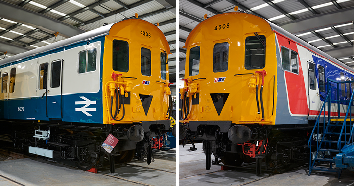 two different painted sides of a restored train at Locomotion museum in County Durham.